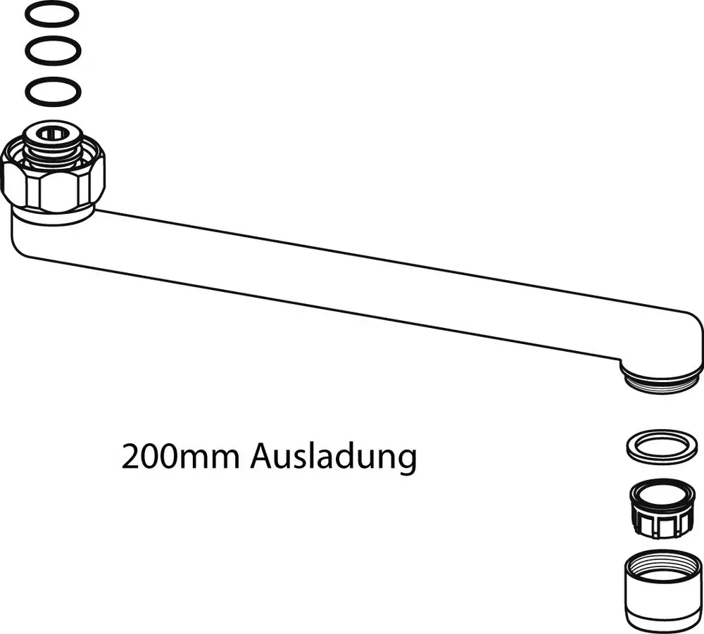 Rohrauslauf von Ideal Standard mit Gewindeanschluss, gebogener Form und O-Ringen, geeignet für Wandküchenarmaturen. Unklar bleibt die Länge.